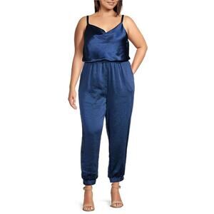 Skies Are Blue Jumpsuit Womens 3X Blue Satin Cowl Neck Jogger Pockets Cocktail
